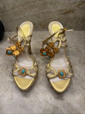 Dior Gold Strappy Heels with Turquoise Stone Accents